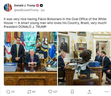 Horas após nova proposta de tarifaço, Trump posta foto com Flávio Bolsonaro